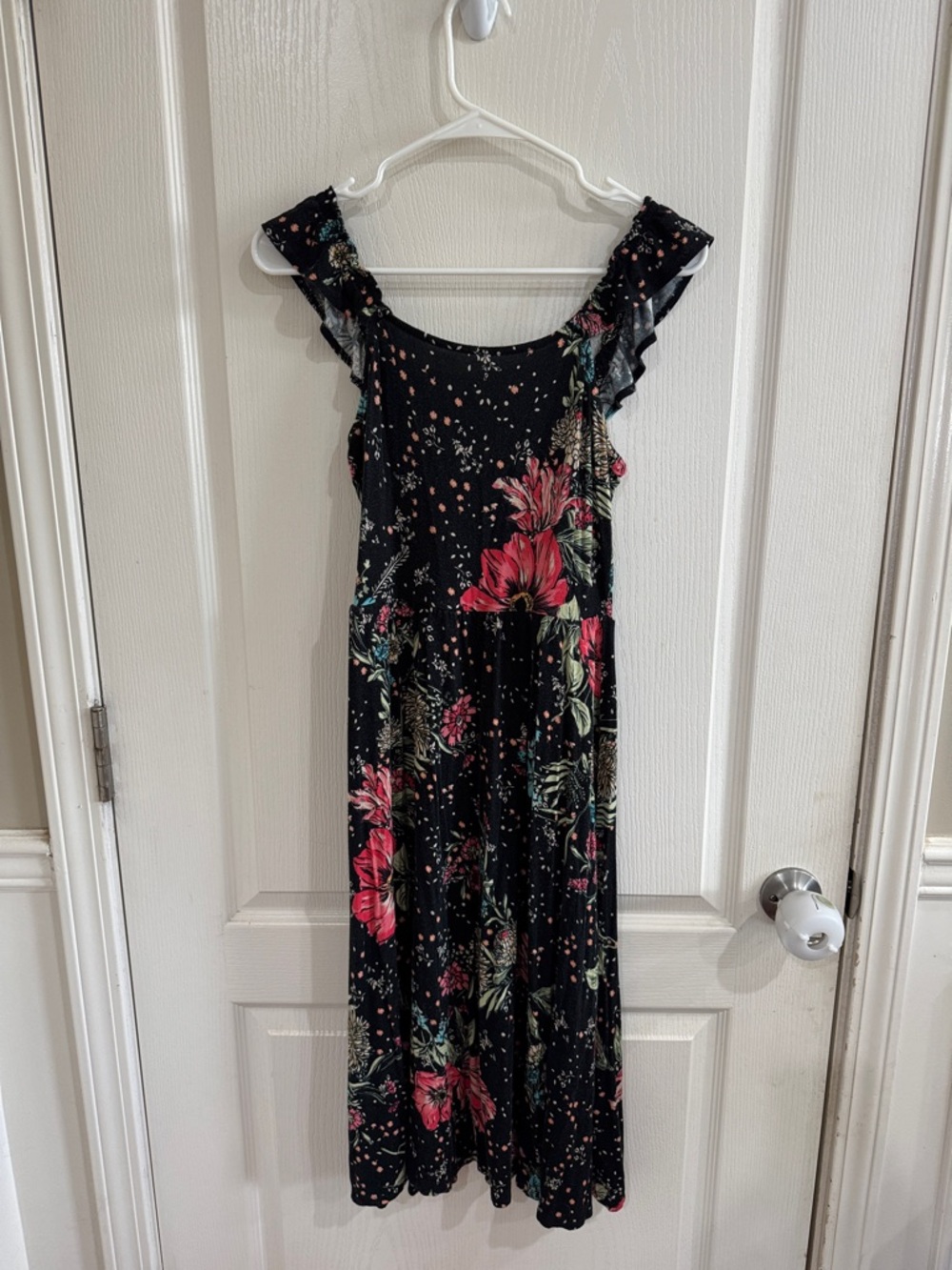 Black Floral Maxi Dress with Pink Bloom and Green Foliage
